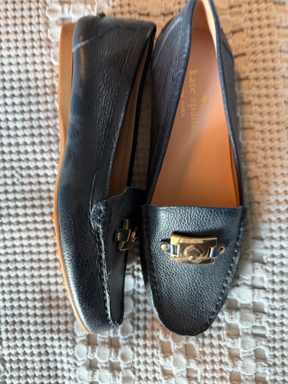 kate spade Navy Pebbled Leather Loafers with Gold Accent